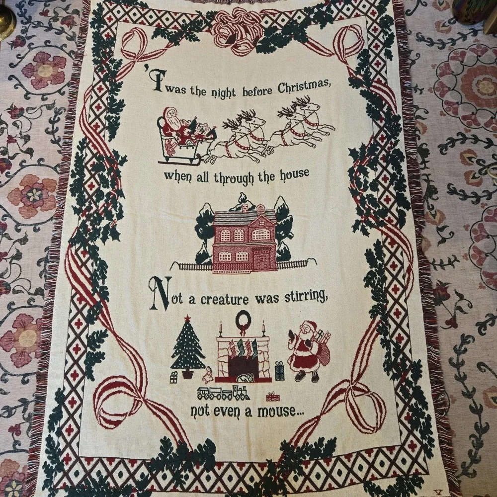 New Vtg Cotton Elegance Cotton Jacquard Throw Blanket Twas The Night Before Xmas